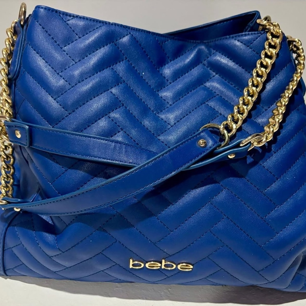 Bebe Royal Blue Chevron Shoulder Bag with Gold Chain